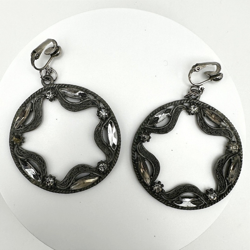 Vintage Silver Tone Clip On Hoop Statement Earrings Open Circle Clear Rhinestone